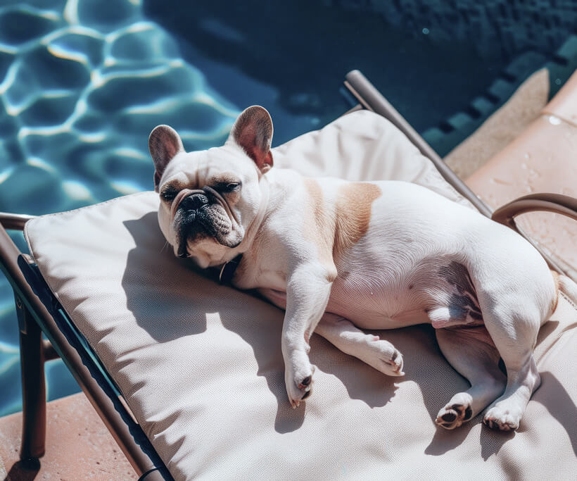 Hund entspannt auf einer Liege am Pool