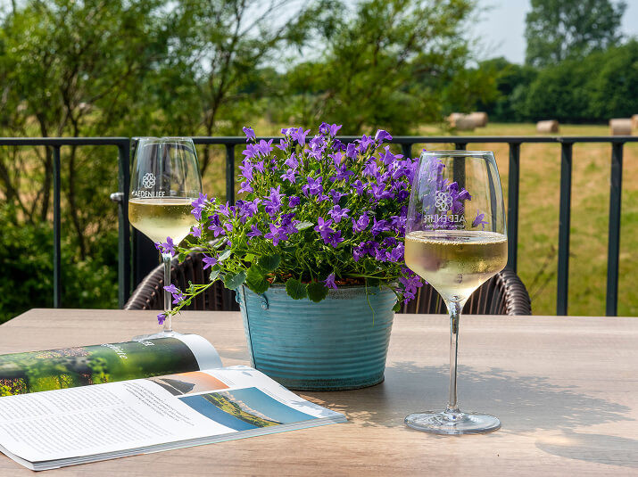 Blumen mit Weinglas auf der Terrasse